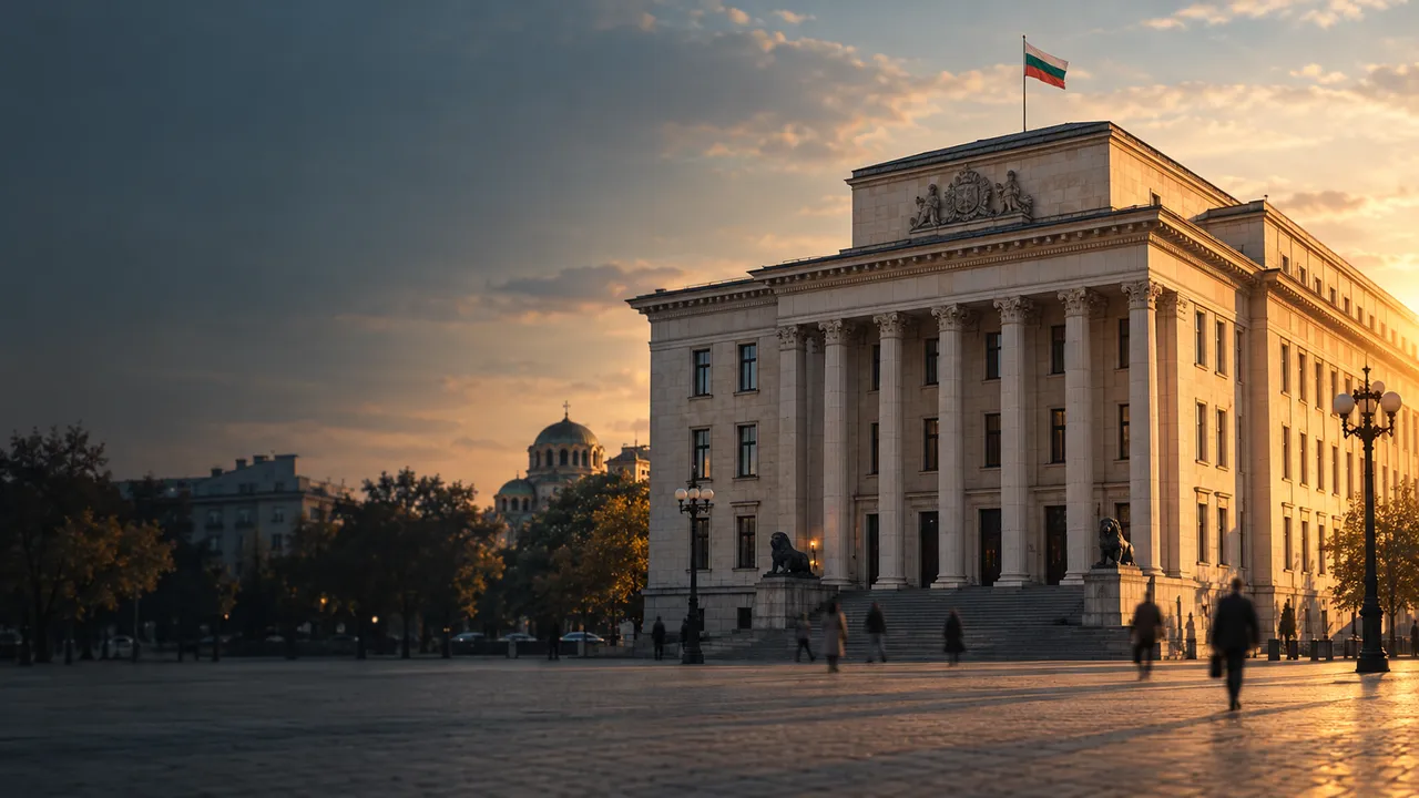 A neoclassical bank building on a square in Sofia at sunset