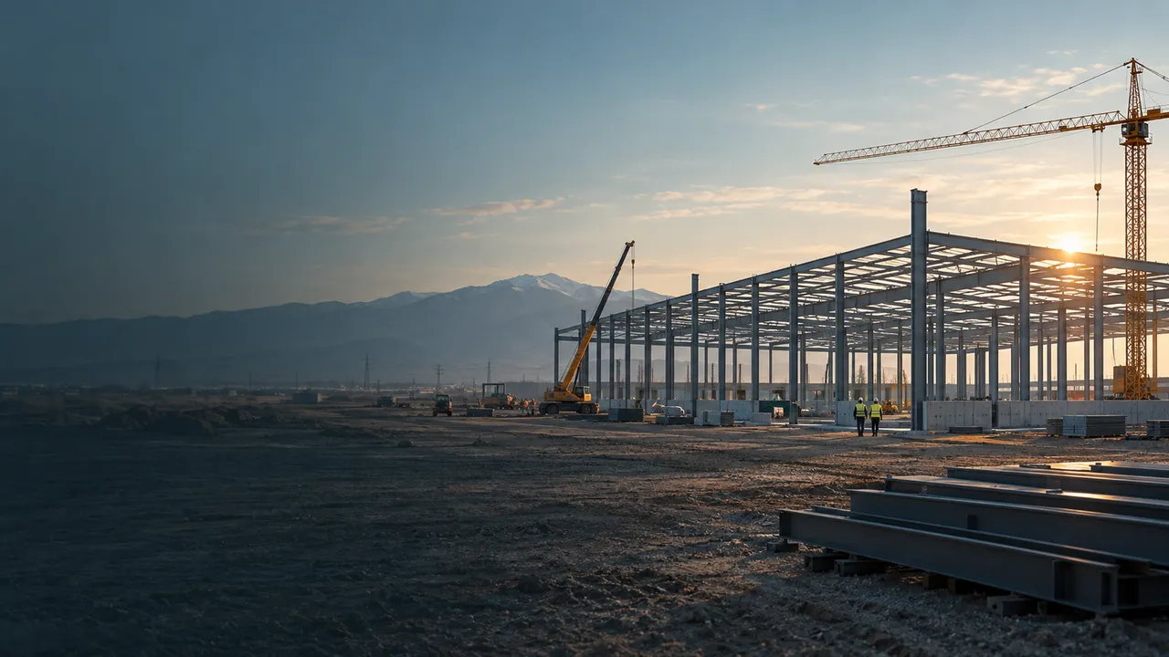 The steel frame of a new factory hall under construction in an industrial zone