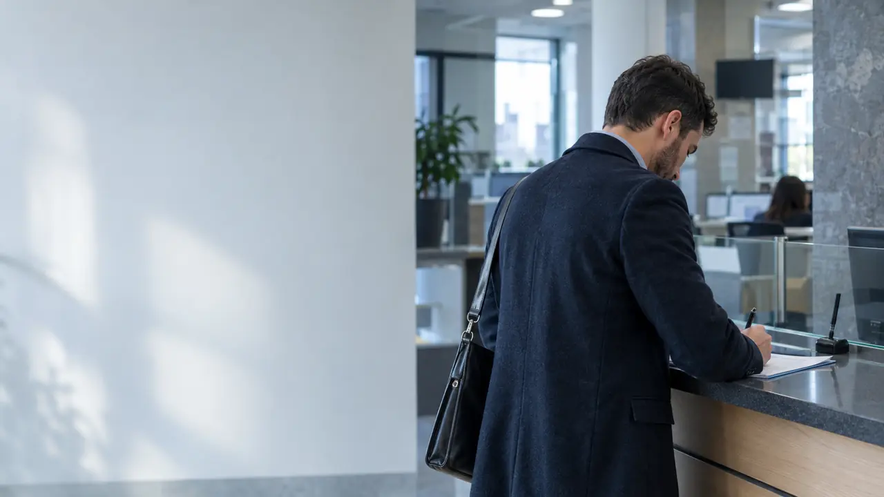 A business owner completing paperwork at a Bulgarian service counter