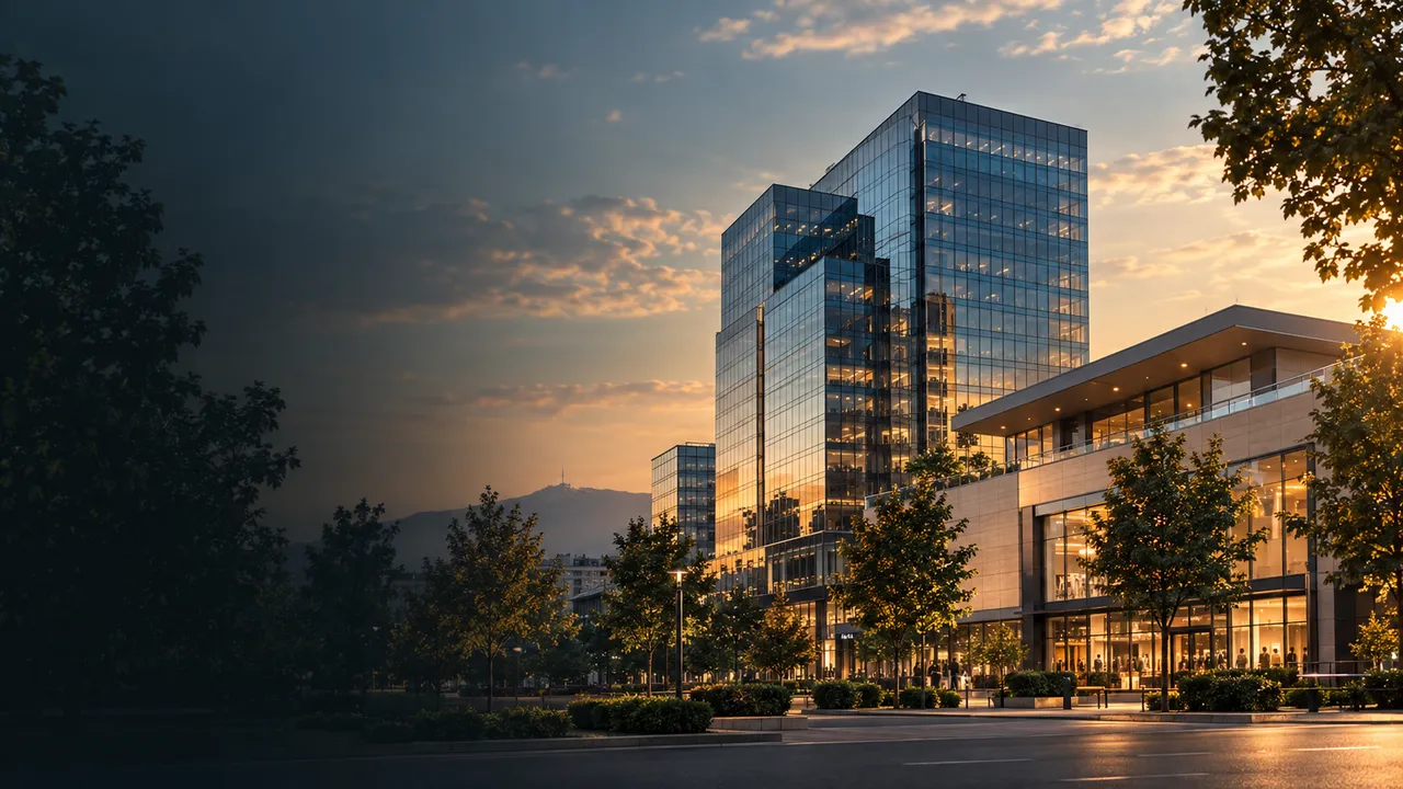 A glass office tower and a modern retail building in Sofia at dusk