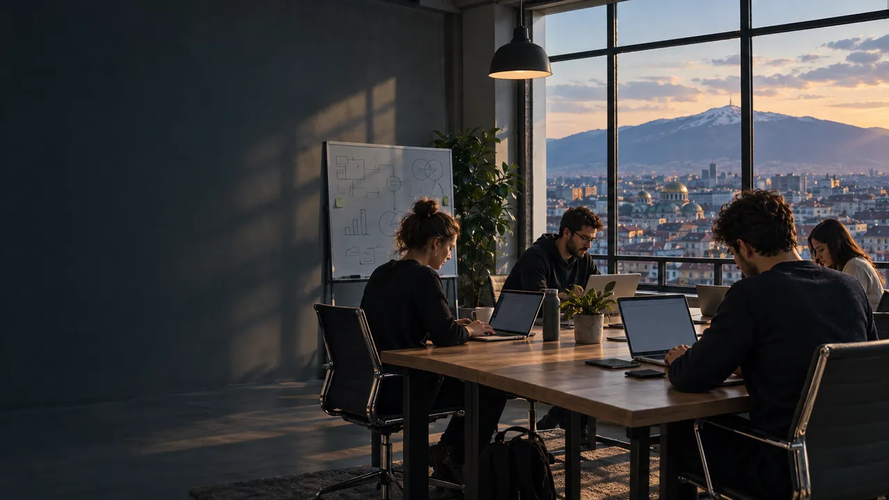 A small startup team working at laptops in a loft office with a view of Sofia and Vitosha