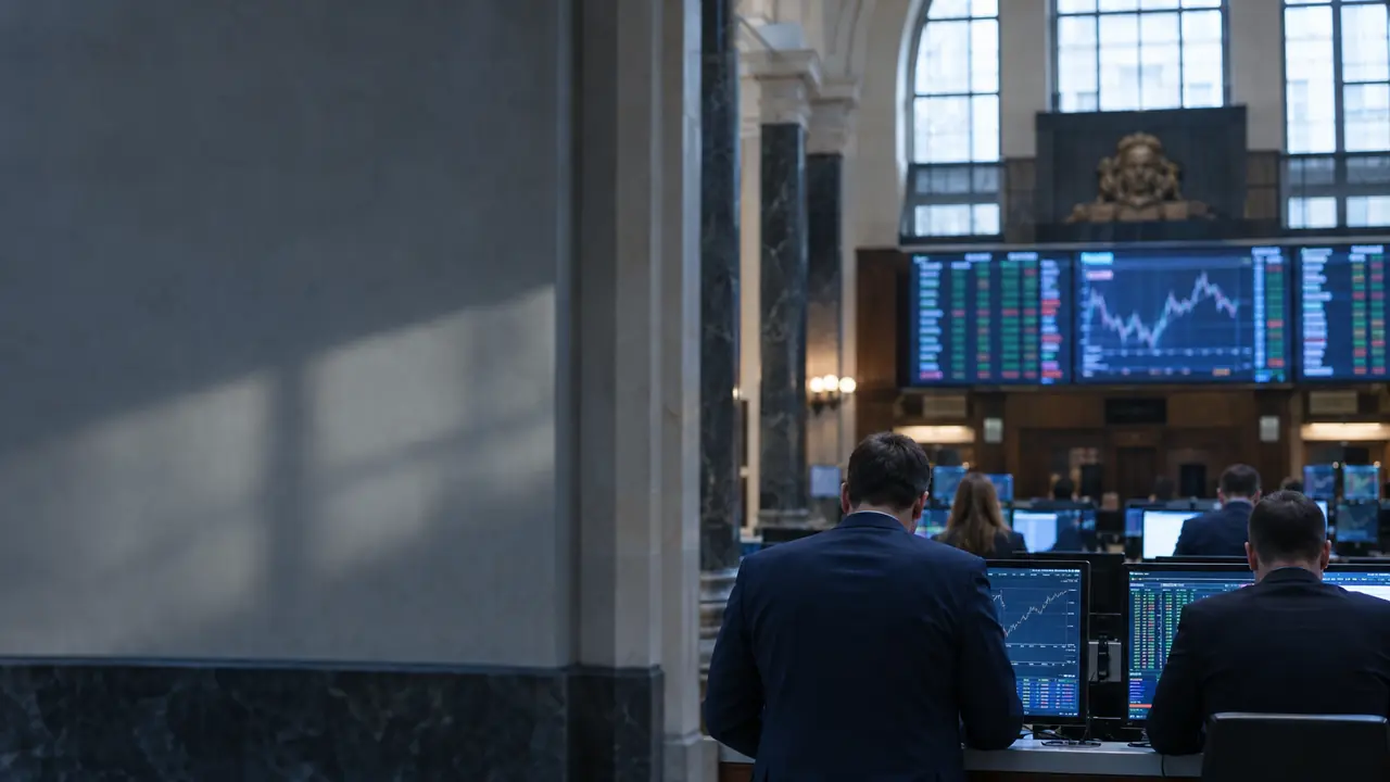 Traders facing market displays inside the Bulgarian Stock Exchange