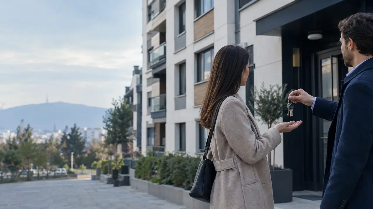 A buyer receiving apartment keys outside a Sofia building