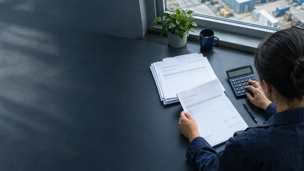 A bookkeeper calculating figures beside blank invoices