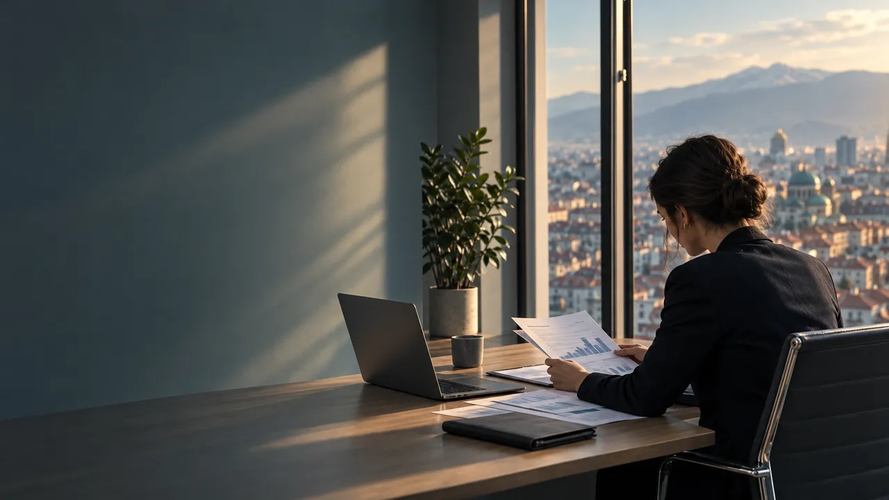 A company owner reviewing annual accounts at a desk in a Sofia office