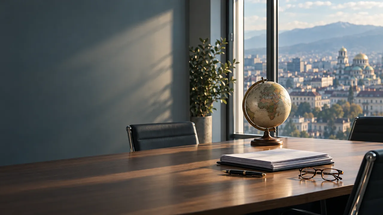 A globe and signed documents on a meeting table overlooking Sofia