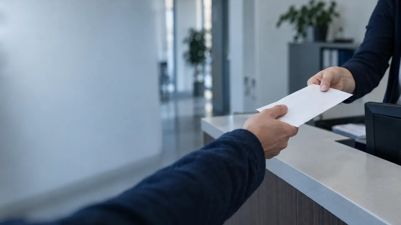 An employee receiving a payslip envelope at a counter