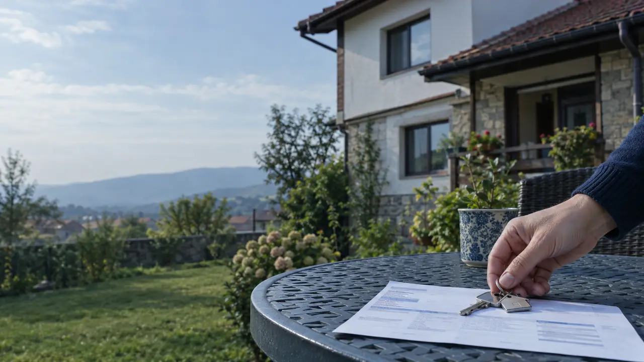 A house and keys beside an unmarked bill in a Bulgarian garden