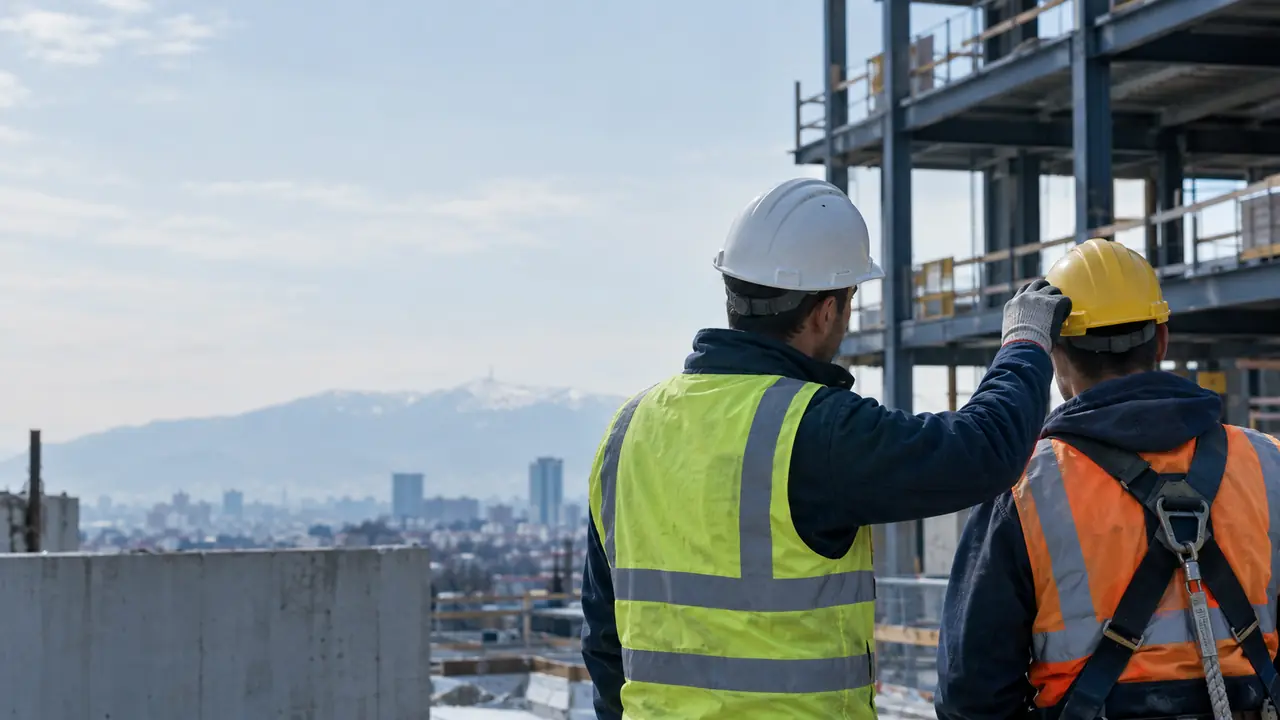 Construction workers at a building site in Sofia