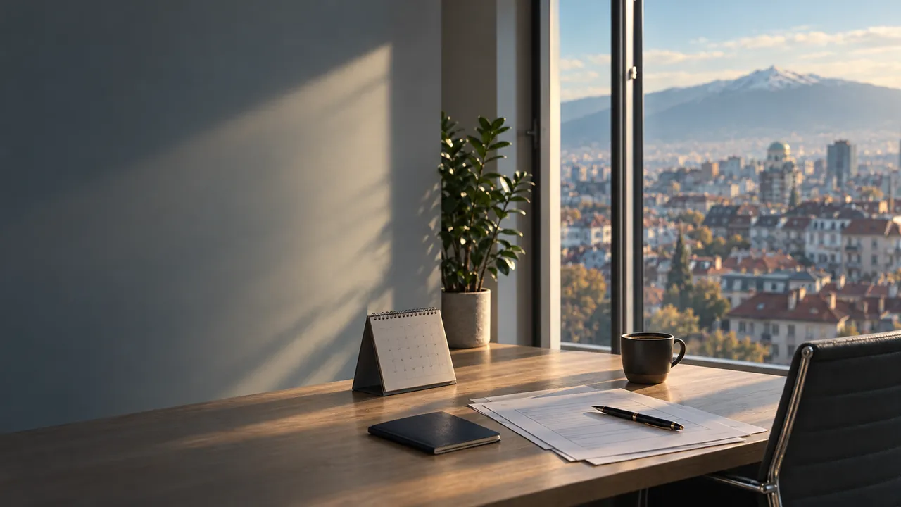A calendar, passport and forms on a desk by a window overlooking Sofia and Vitosha