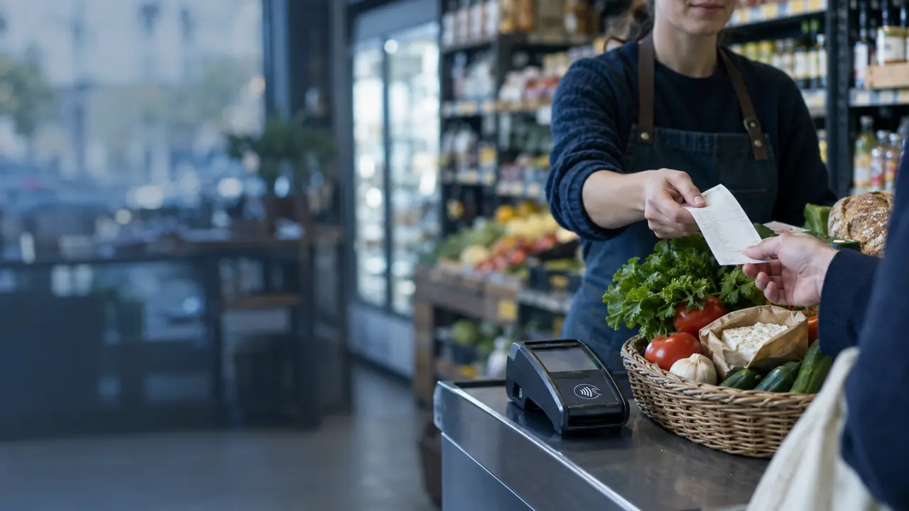 A customer paying for groceries beside a card terminal