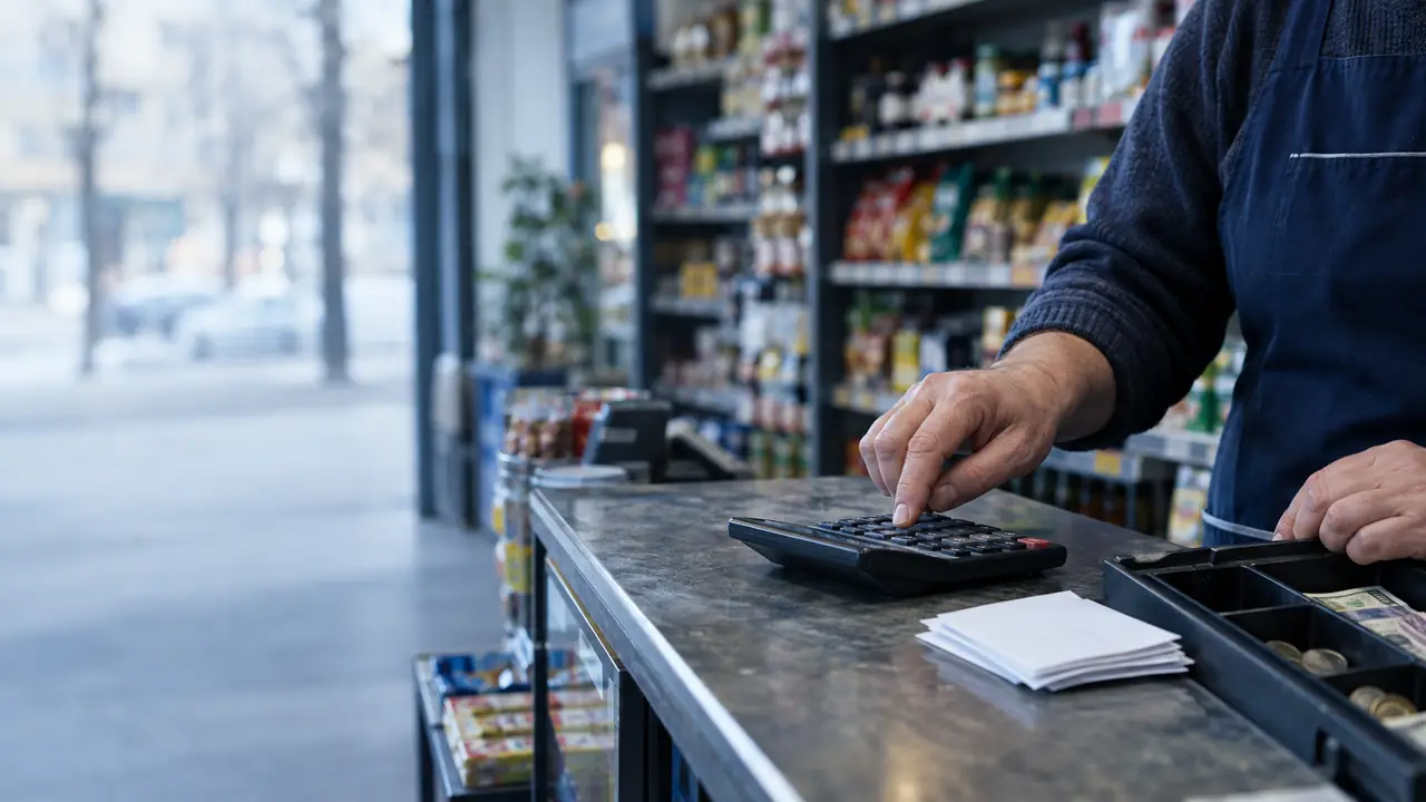 A shopkeeper calculating a sale at a Sofia store counter