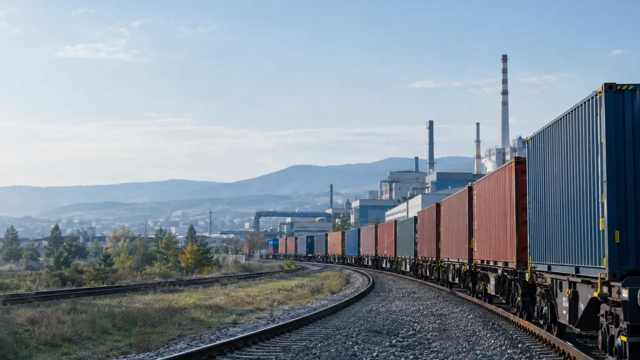 Container freight train passing an industrial area in Bulgaria