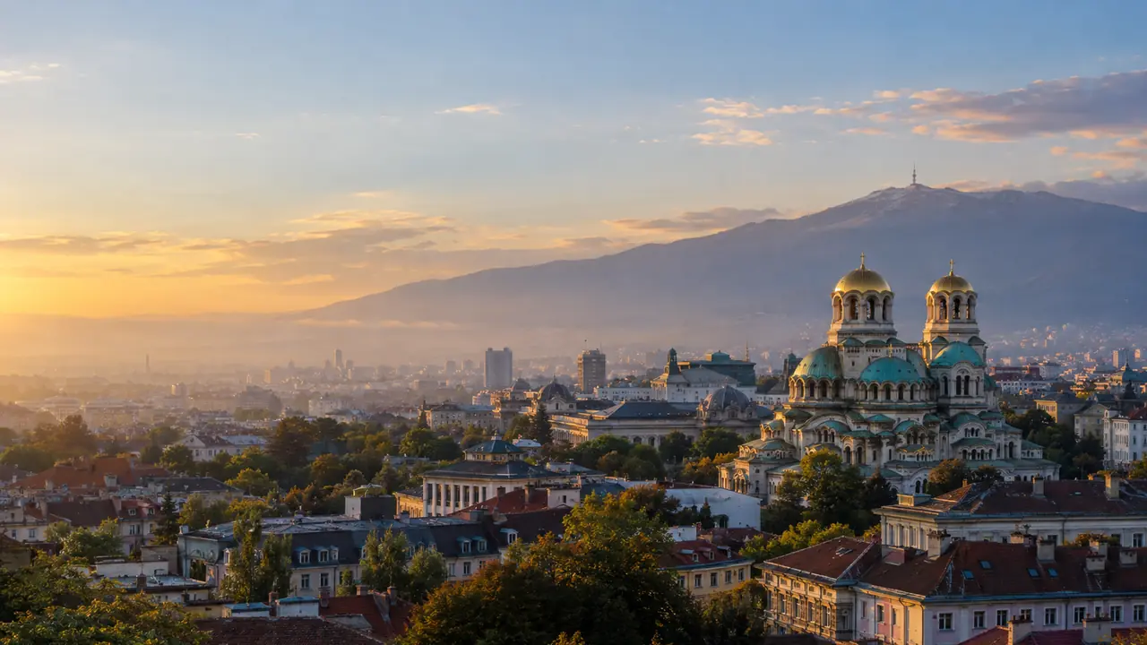 Sofia rooftops and Alexander Nevsky Cathedral with Vitosha in the distance