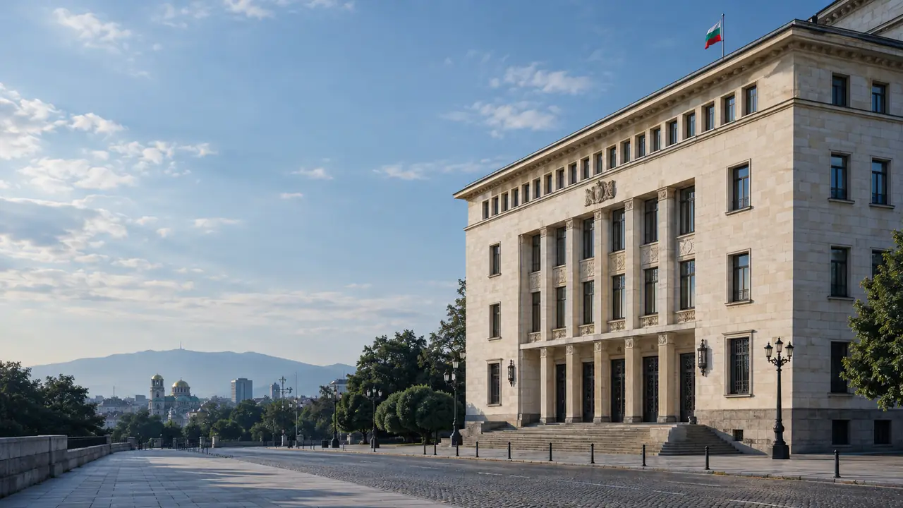 The Bulgarian National Bank building on a quiet Sofia street