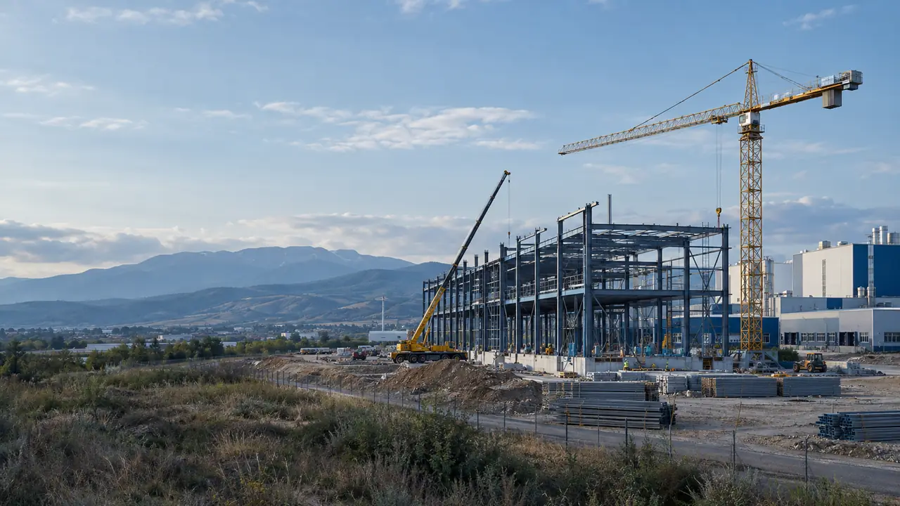 A new factory under construction in an industrial zone near Plovdiv
