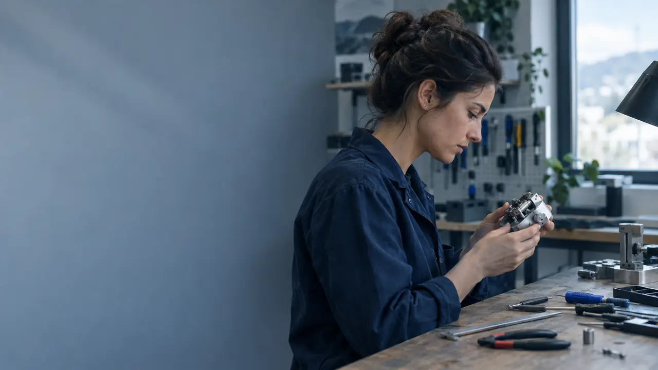 Product designer inspecting an unmarked mechanical prototype in a workshop