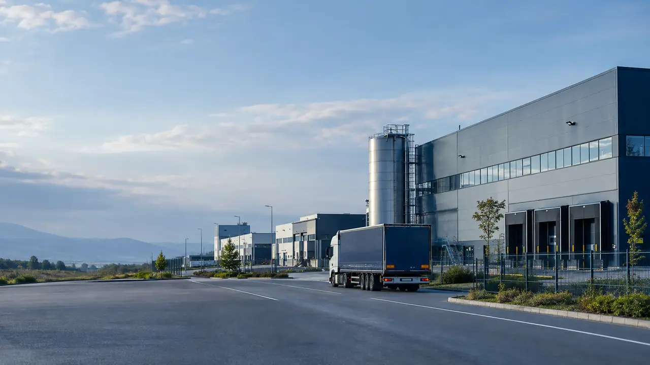 Factory buildings and a freight truck at a Bulgarian industrial zone