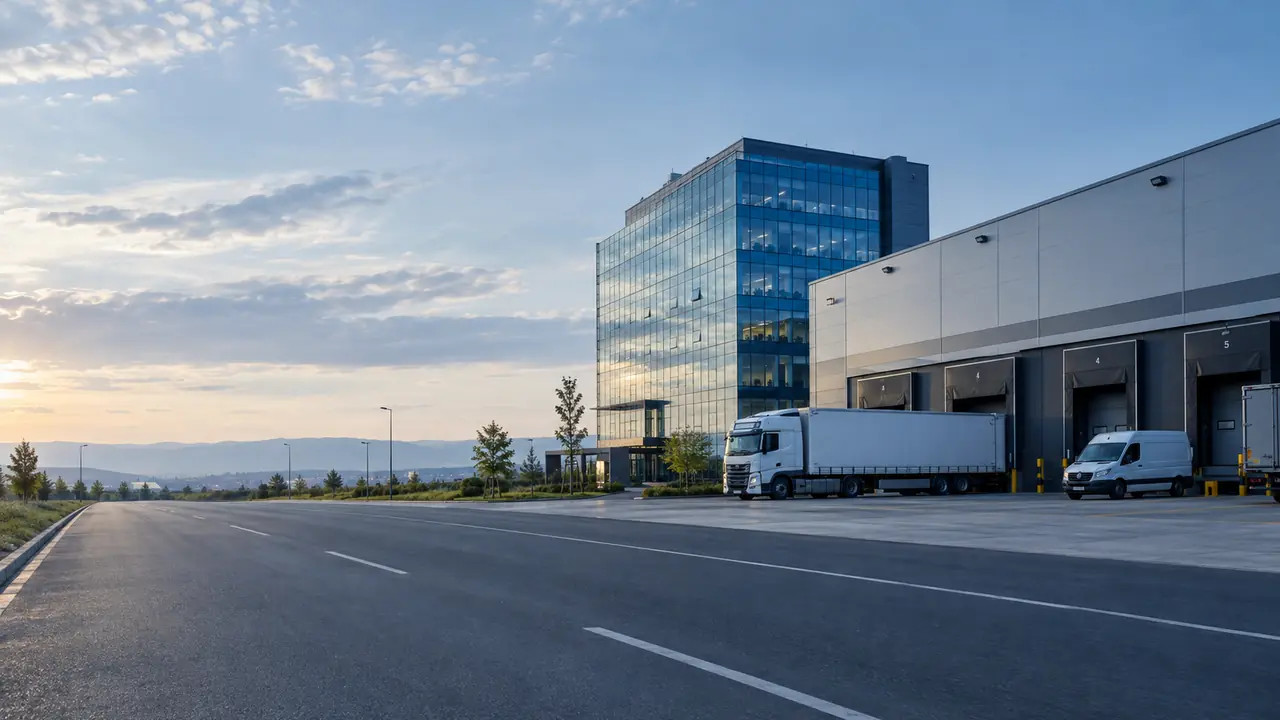 Modern office tower and warehouse with loading bays in Sofia