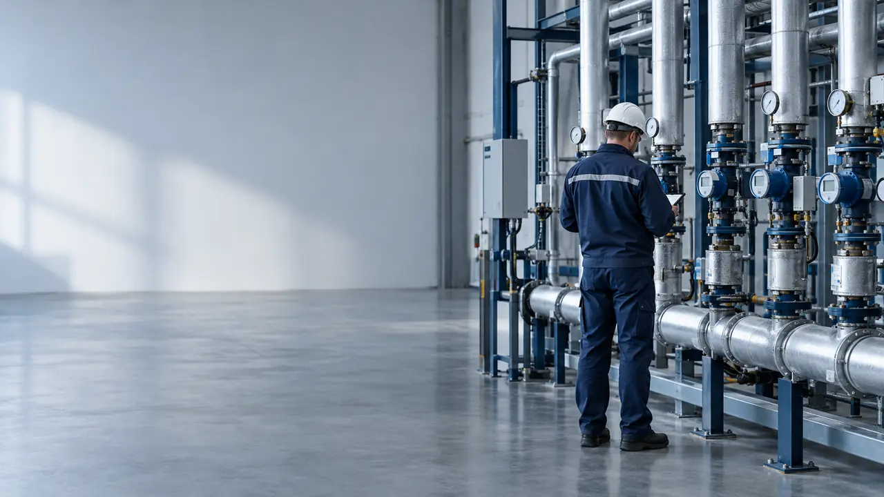 Worker checking utility equipment inside a Bulgarian warehouse