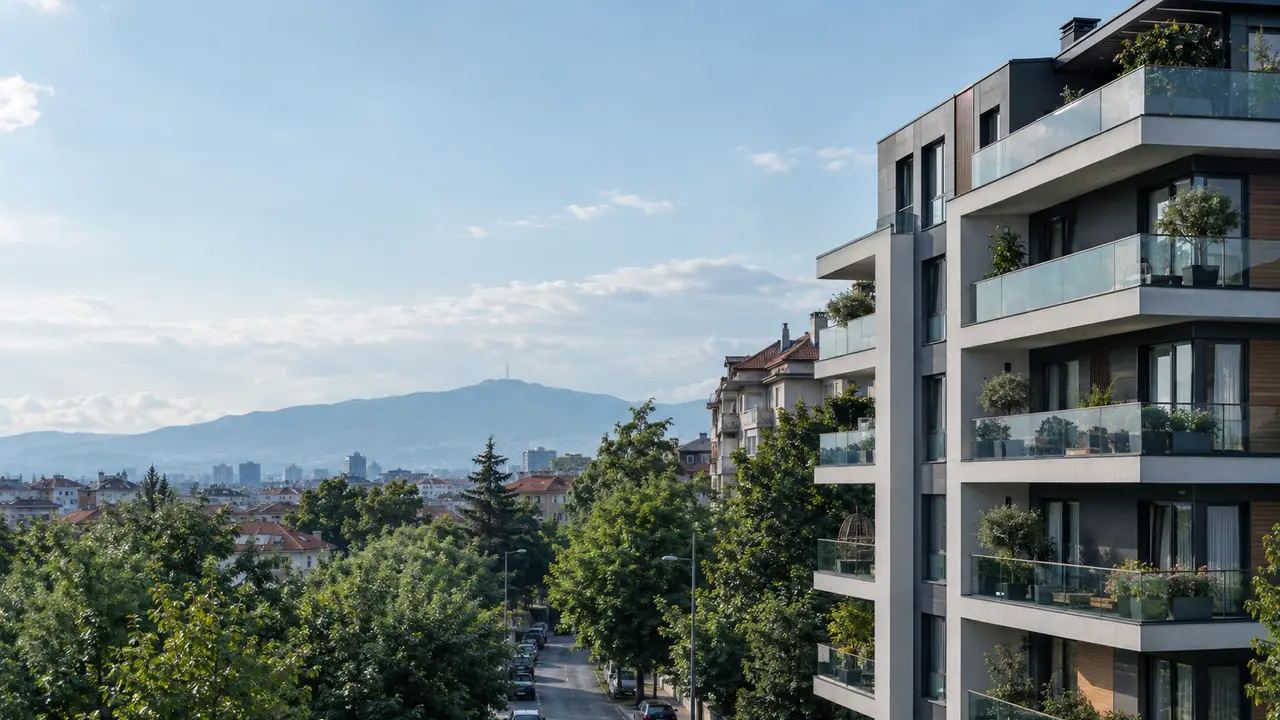 Modern apartment building on a leafy residential street in Sofia