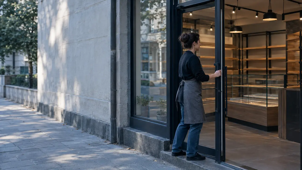 Small-business owner opening a newly prepared shop in Sofia