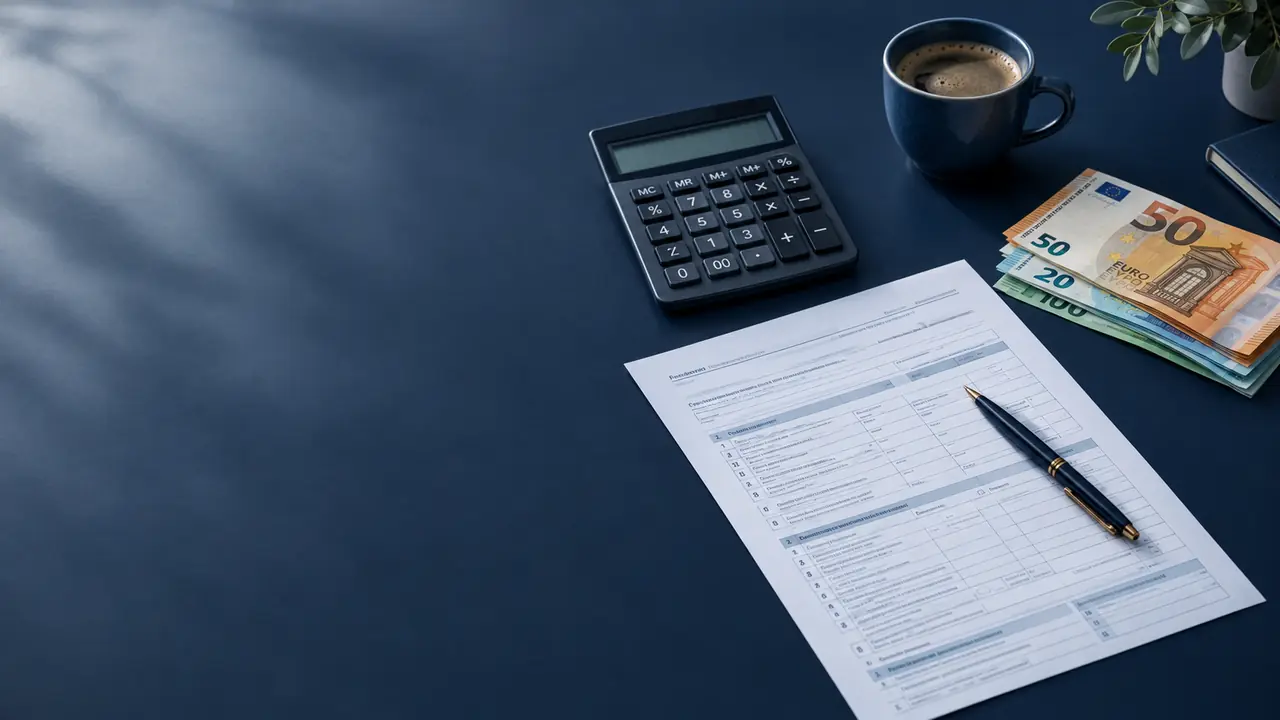 A calculator, a tax form, a pen and euro banknotes on a navy desk