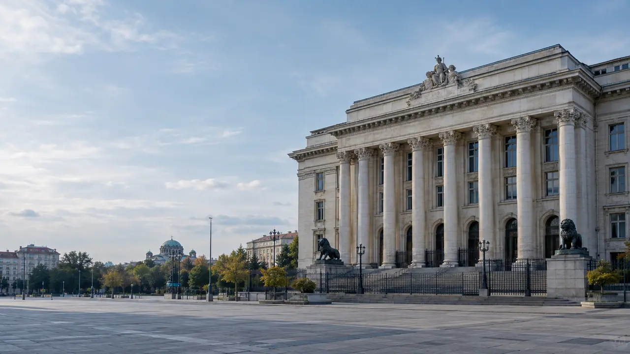 Columned façade of the Palace of Justice in Sofia