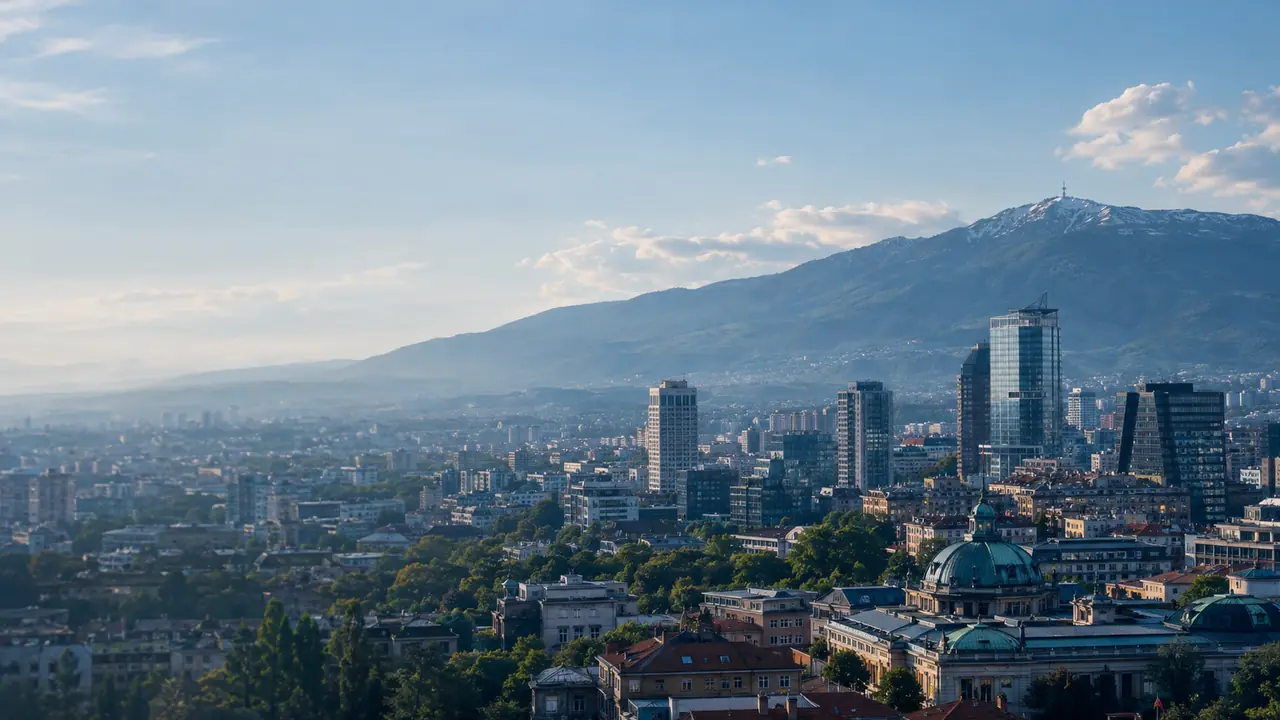 Sofia business district and rooftops beneath Vitosha Mountain