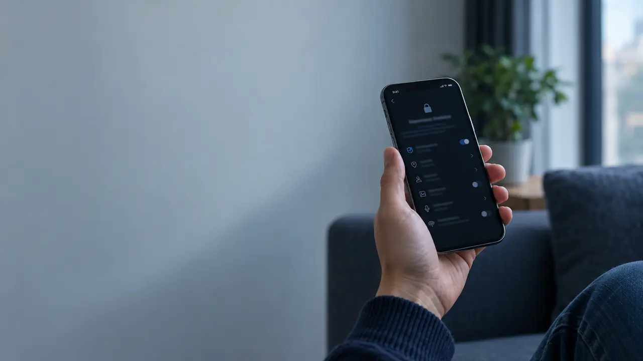 Hand holding a smartphone with an unreadable privacy-settings screen
