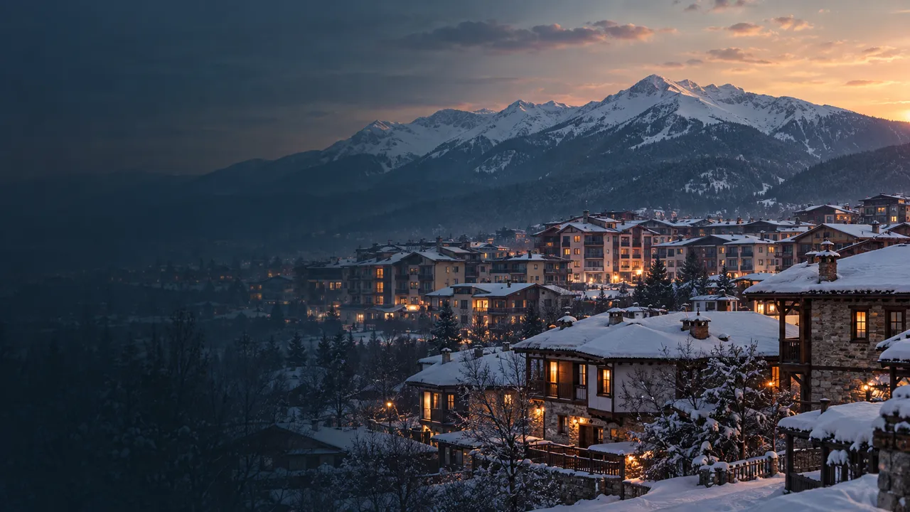 Bansko in winter with the snow-covered Pirin mountains behind