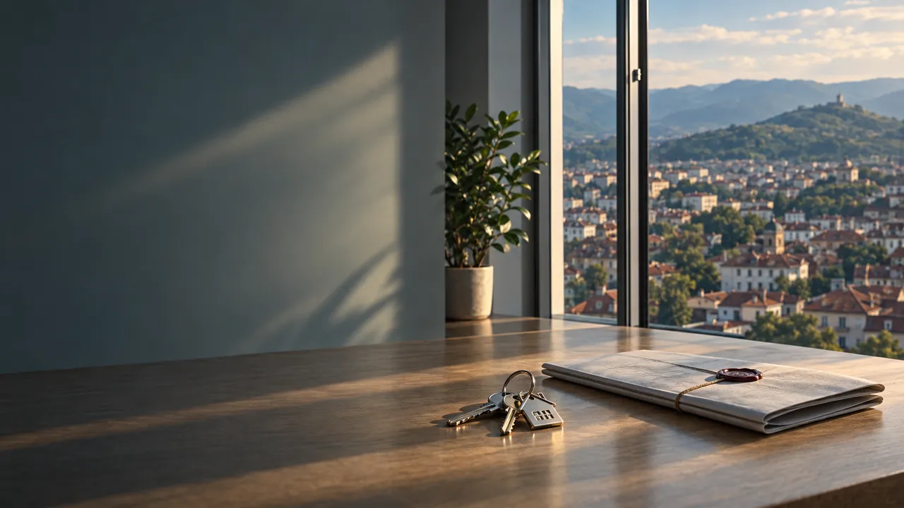 House keys and a notarial deed on a table by a window over the red roofs of a Bulgarian town