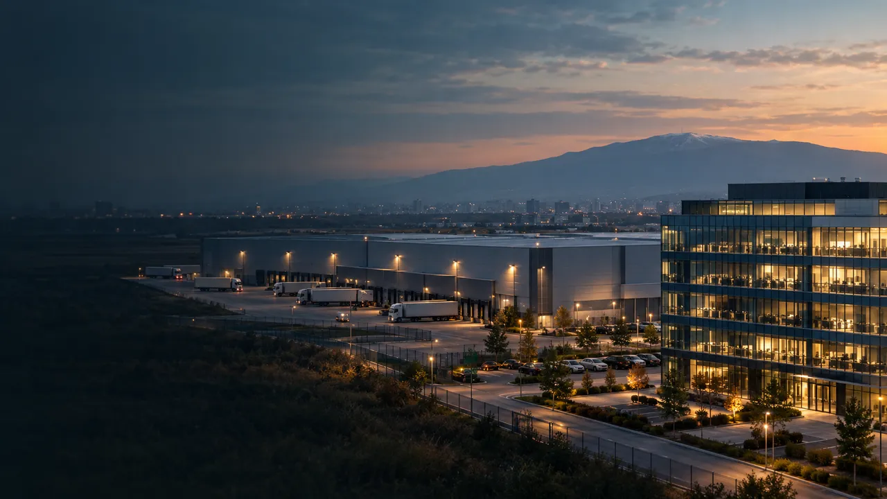 A glass office building and a logistics park on the edge of Sofia at dusk
