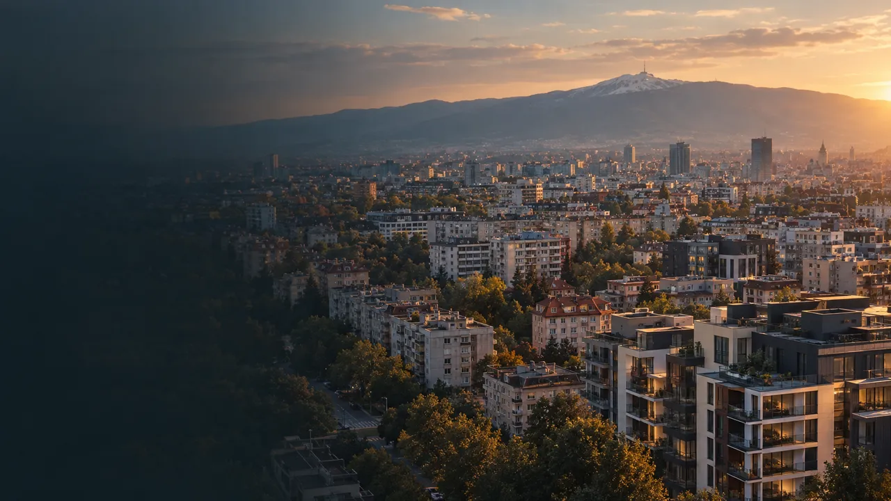 Residential districts of Sofia at golden hour with Vitosha mountain behind