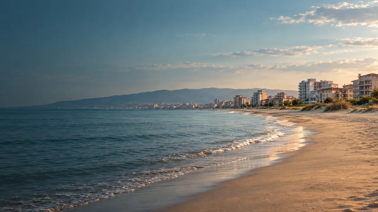The beach at Sunny Beach in the early morning with apartment complexes behind the dunes