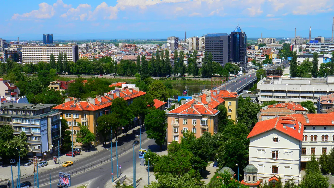 Central Plovdiv with office towers and the Maritsa boulevard