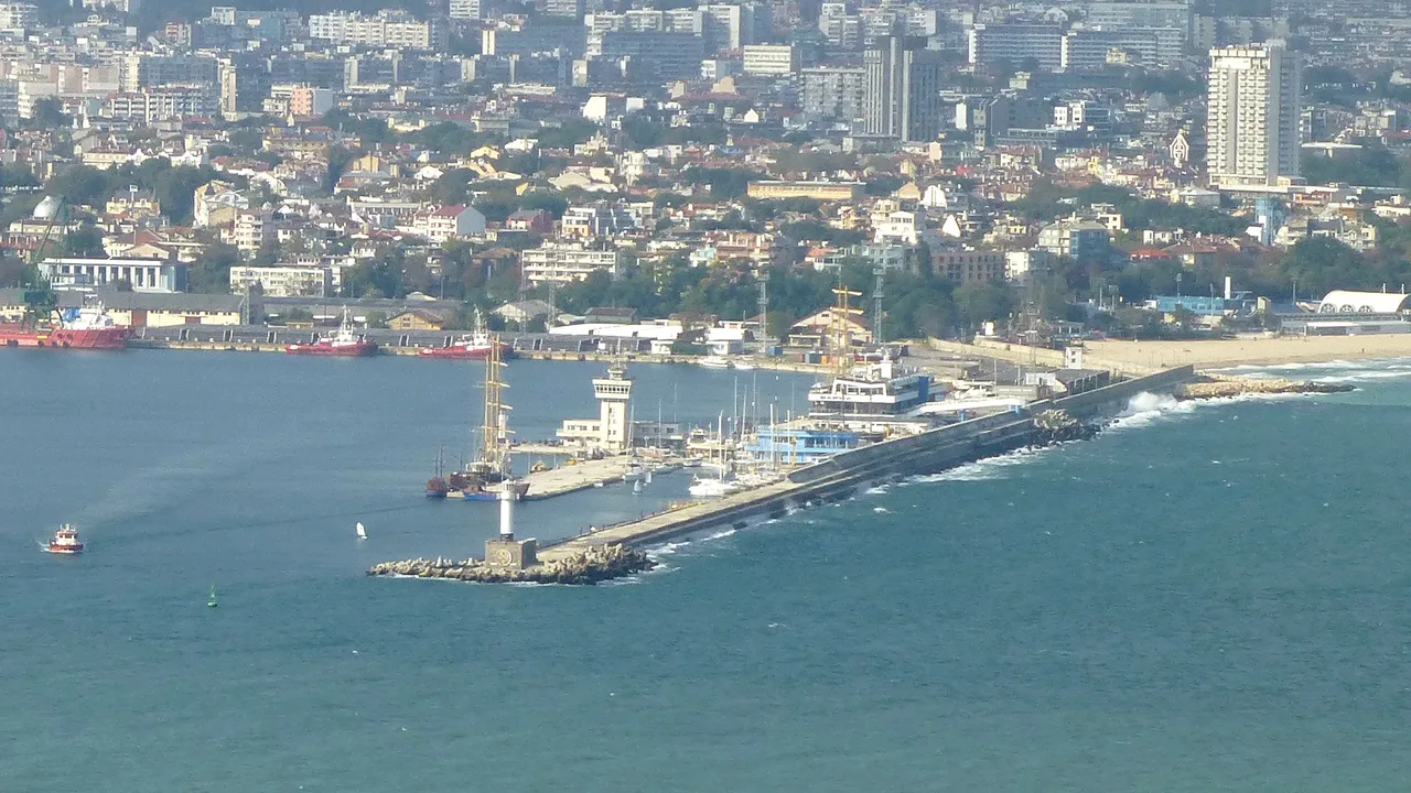 Varna city centre and the passenger port seen from the sea