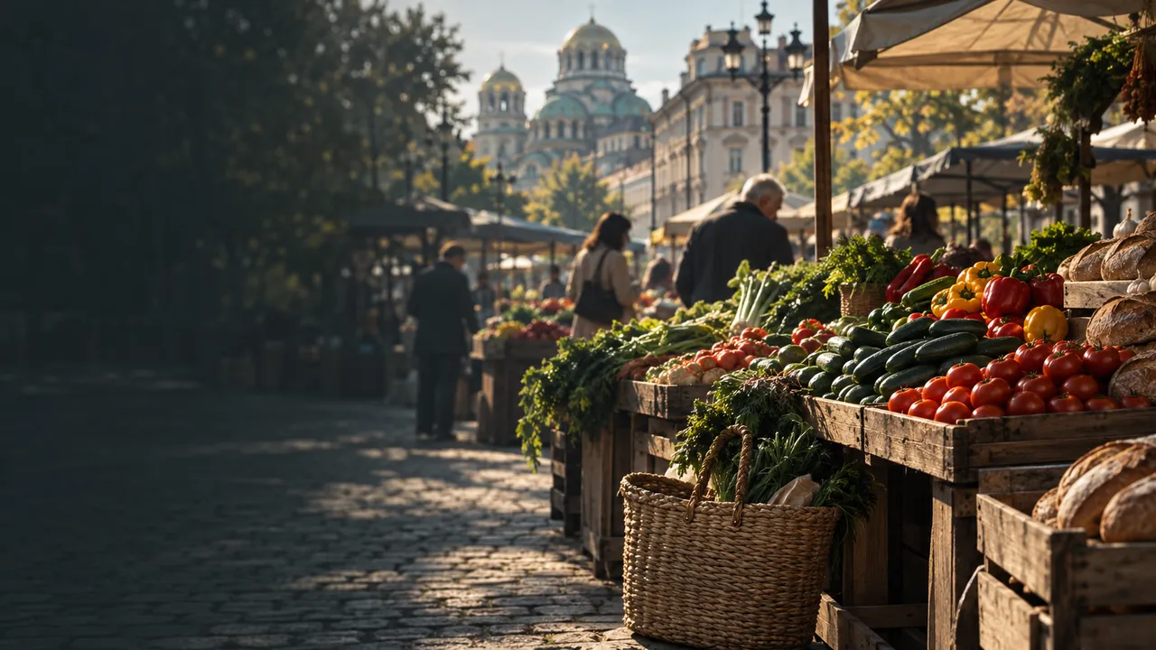 A shopping basket of fresh vegetables and bread at an open-air market in Sofia