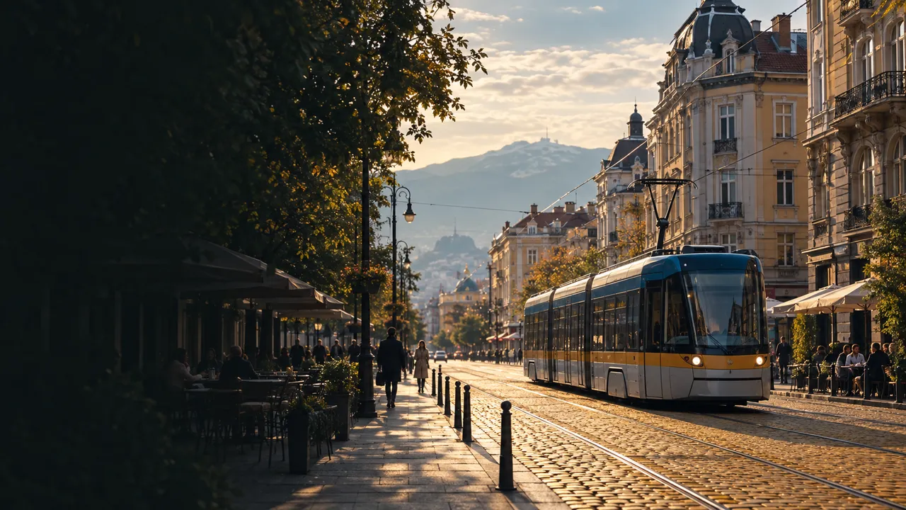 A tram on the yellow cobblestones of central Sofia, with Vitosha behind