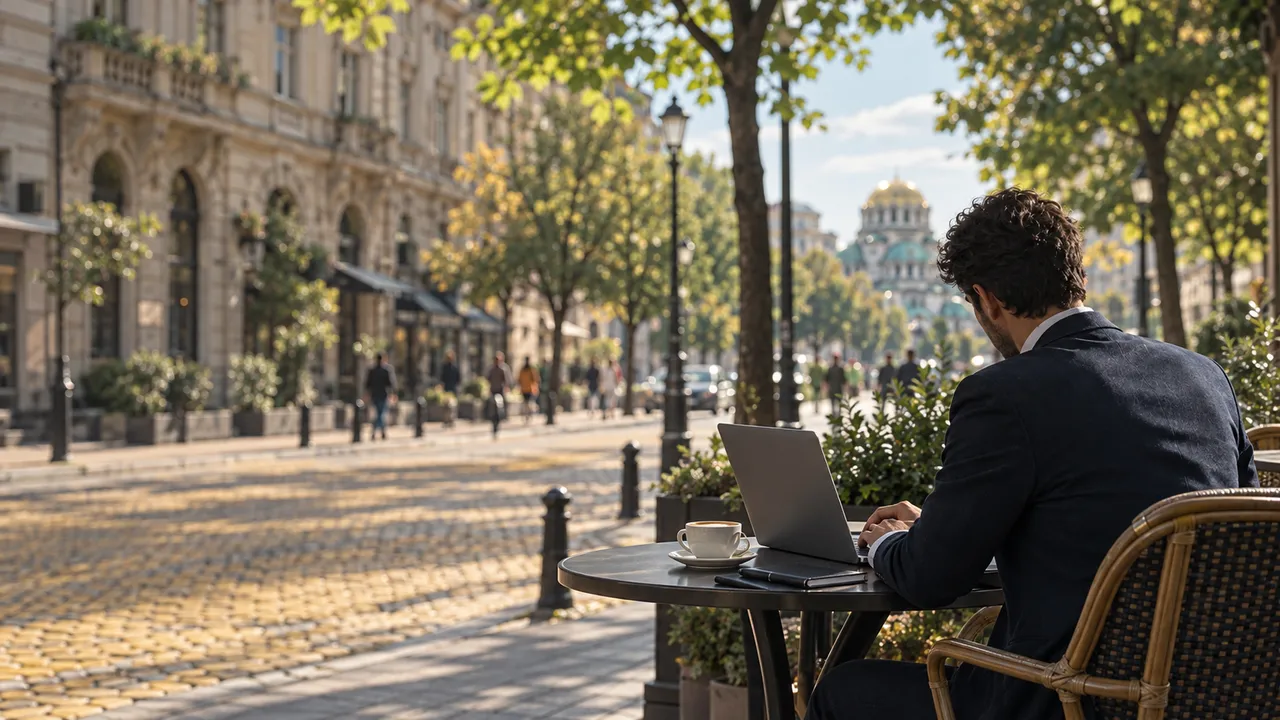 A remote worker with a laptop at a cafe table on a sunny Sofia street