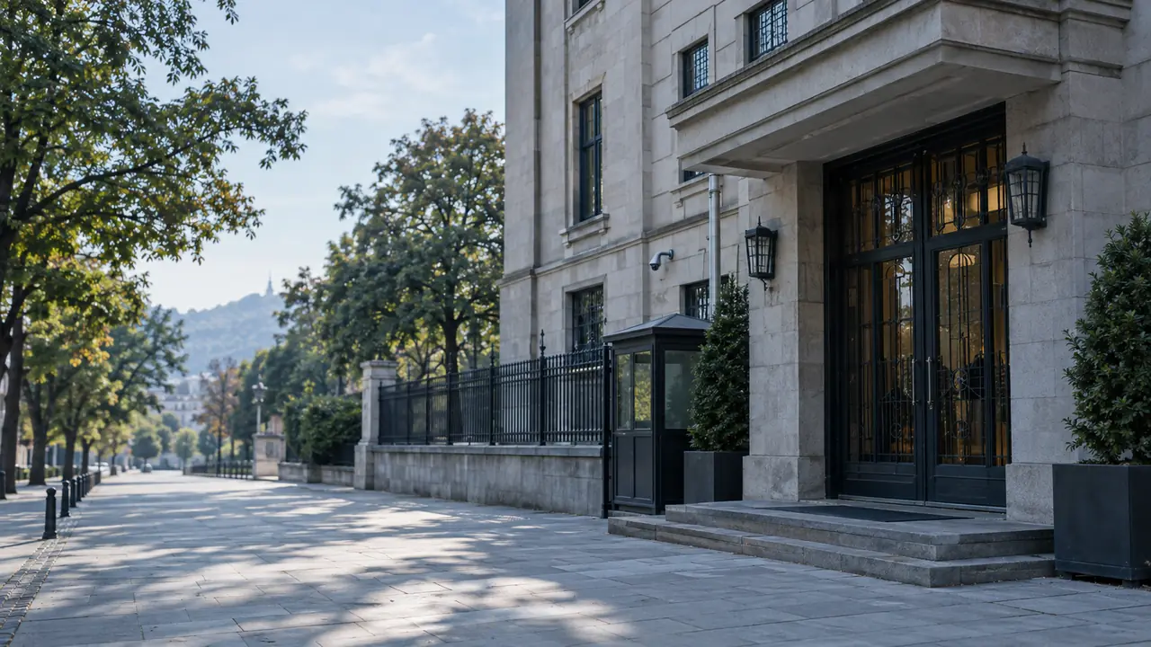 A diplomatic building on a tree-lined street in Sofia