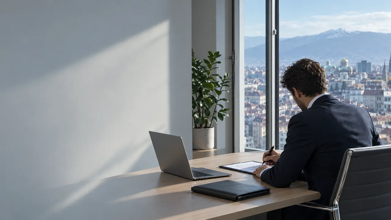 An investor signs documents in a bright Sofia office overlooking the city