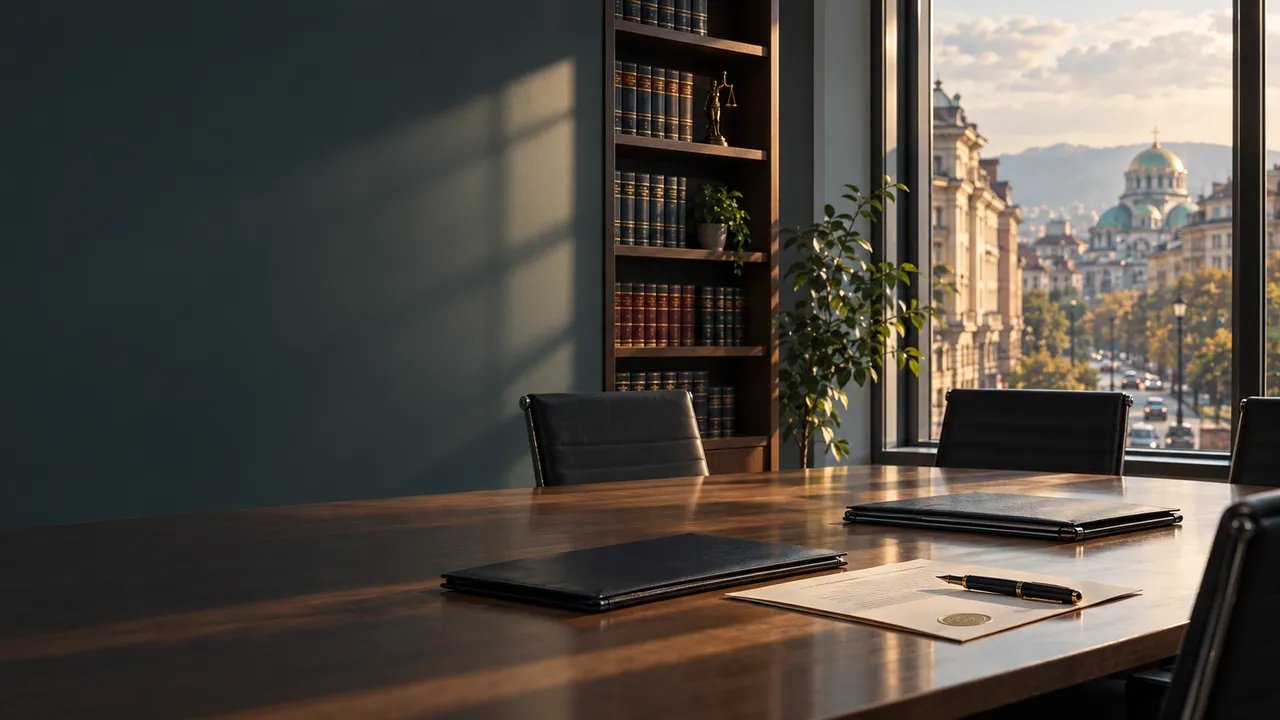 A quiet law office meeting room in Sofia with folders and a sealed document on the table