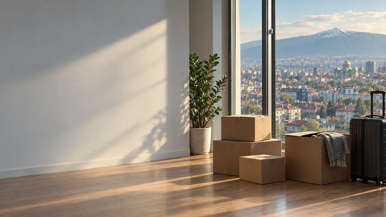 Moving boxes and a suitcase in a bright apartment with a view of Sofia and Vitosha