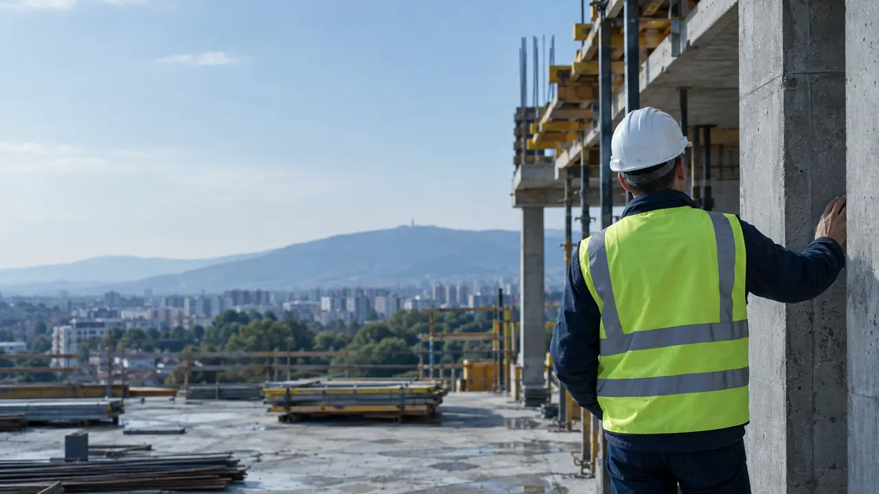 A construction worker inspects a building site in Bulgaria