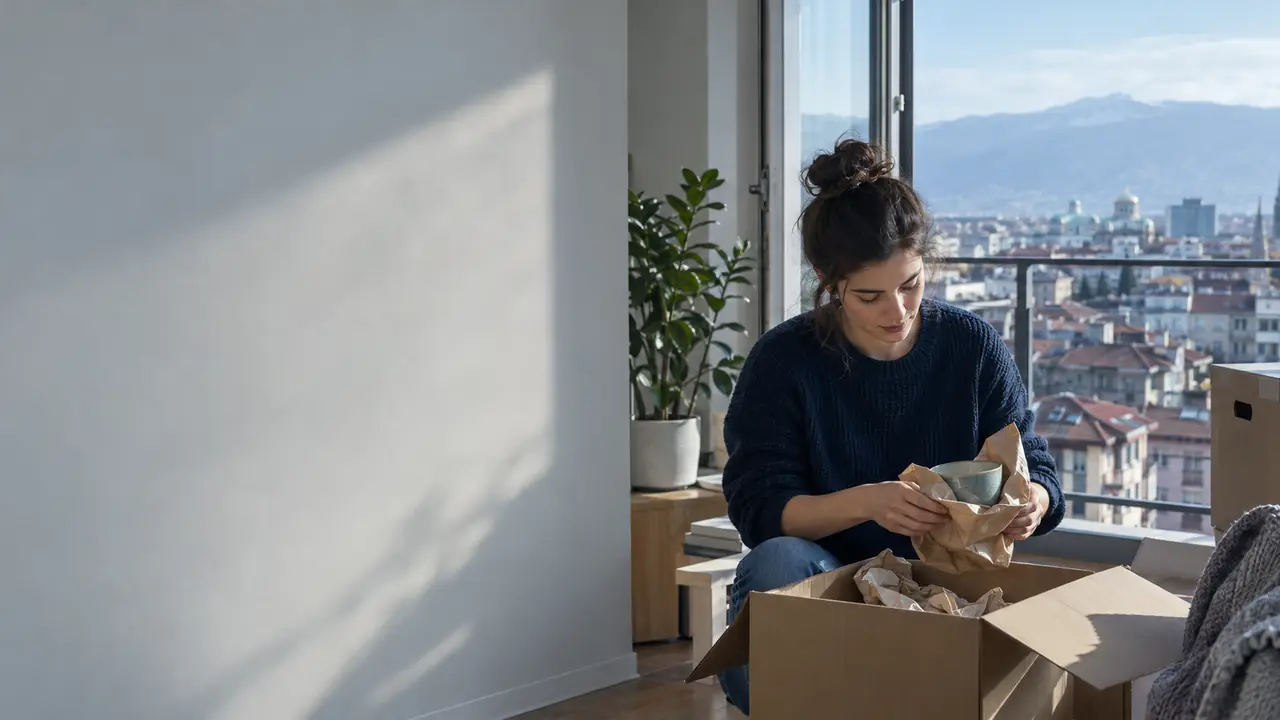 A resident unpacks in a Sofia apartment overlooking the city