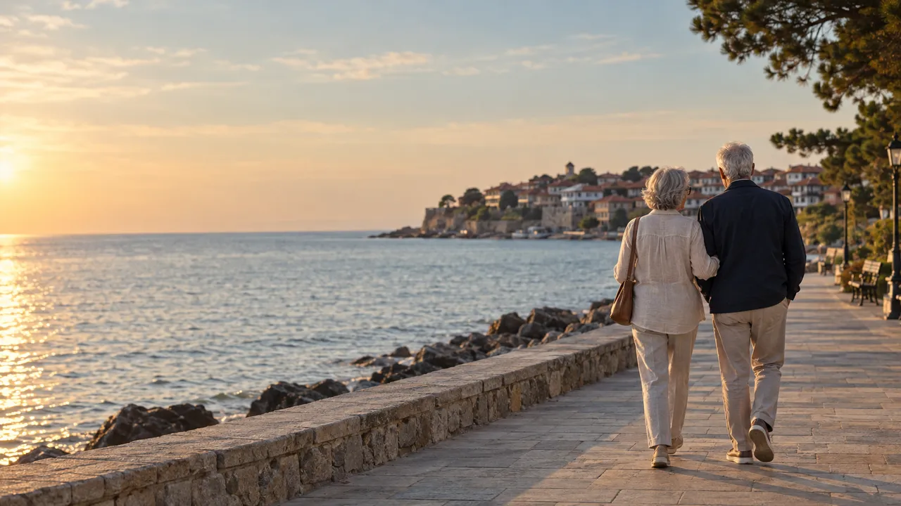 A retired couple walking on a seaside promenade on the Bulgarian Black Sea coast