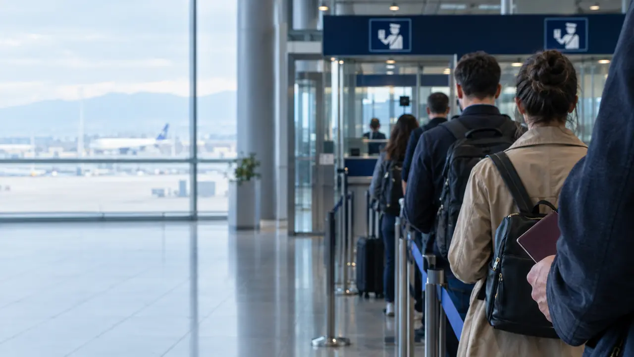 Travellers queue at passport control at Sofia Airport
