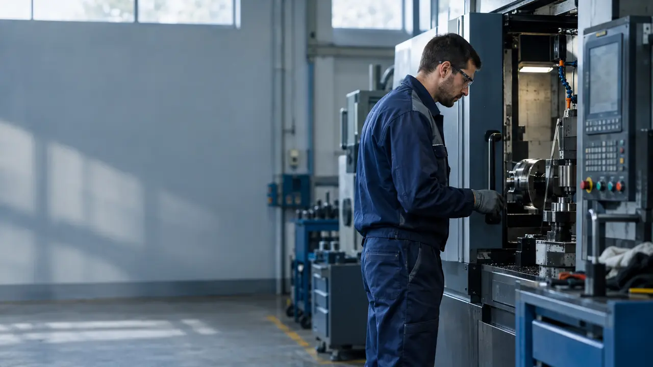 A worker checks machinery on a Bulgarian factory floor