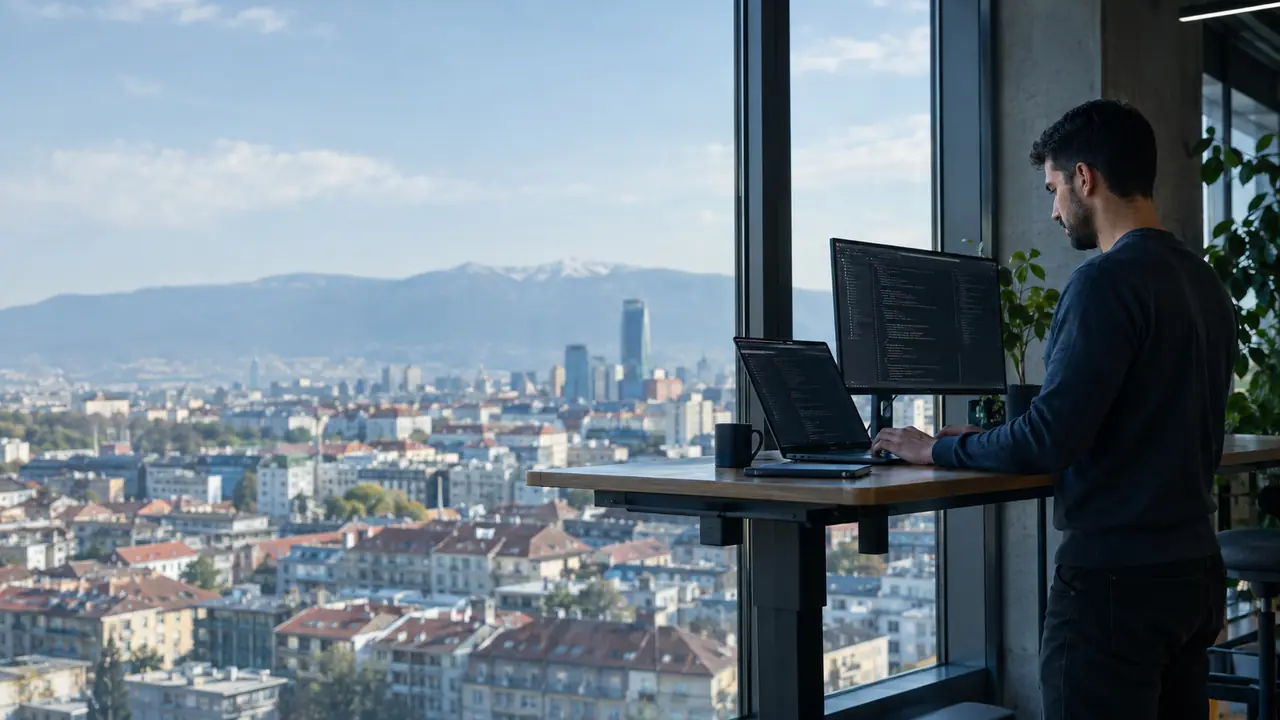 A software developer working beside a window in Sofia